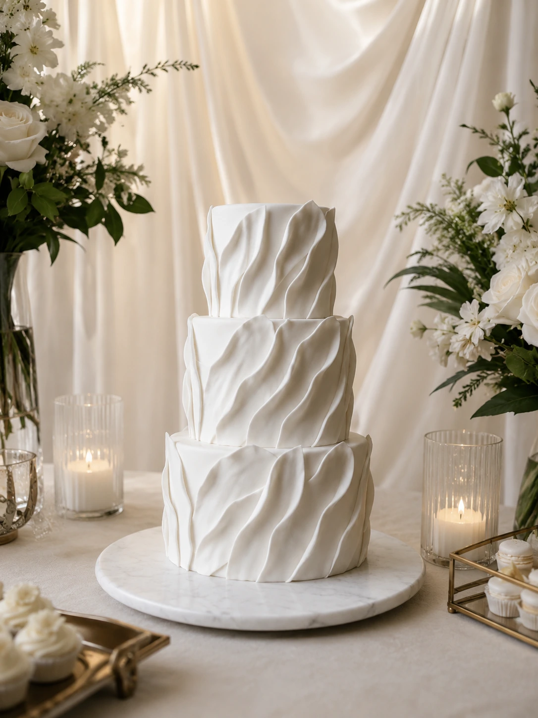 Bolo fake branco 3 andares com textura de ondas diagonais – casamento moderno ES
