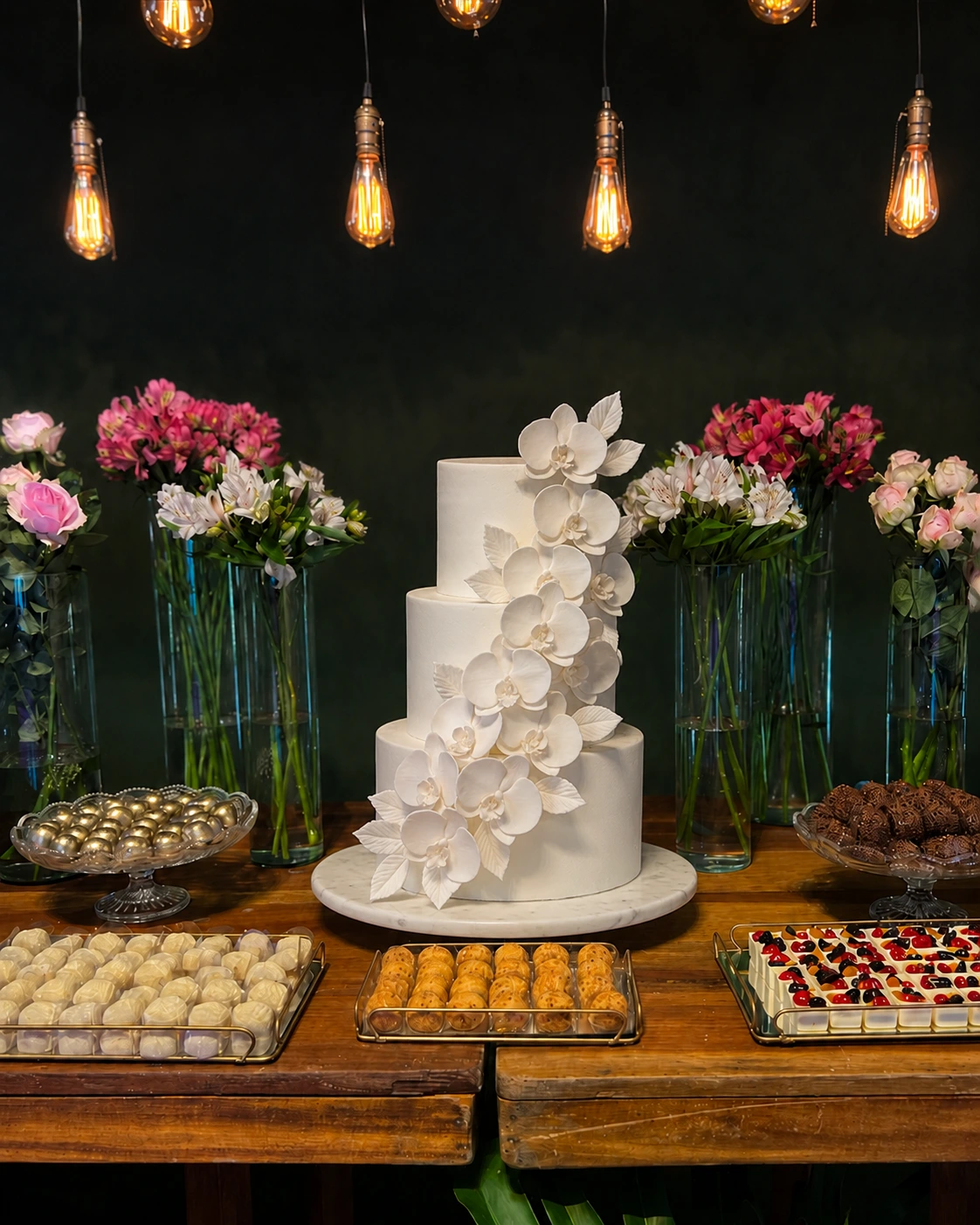 Bolo fake branco com orquídeas 3D esculpidas – casamento sofisticado ES