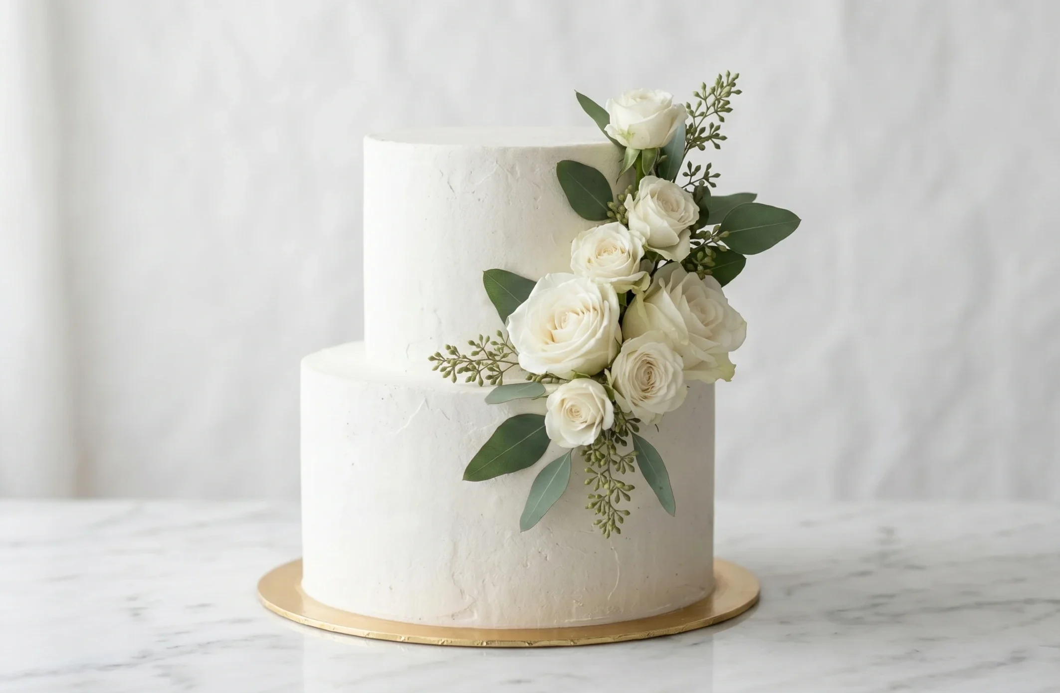 Bolo fake branco 2 andares com rosas brancas e folhagens – casamento intimista ES