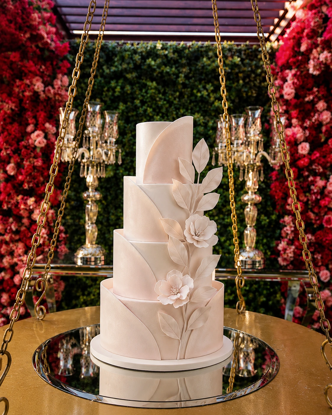 Bolo fake nude blush 4 andares com folhas e flores esculpidas – casamento ES