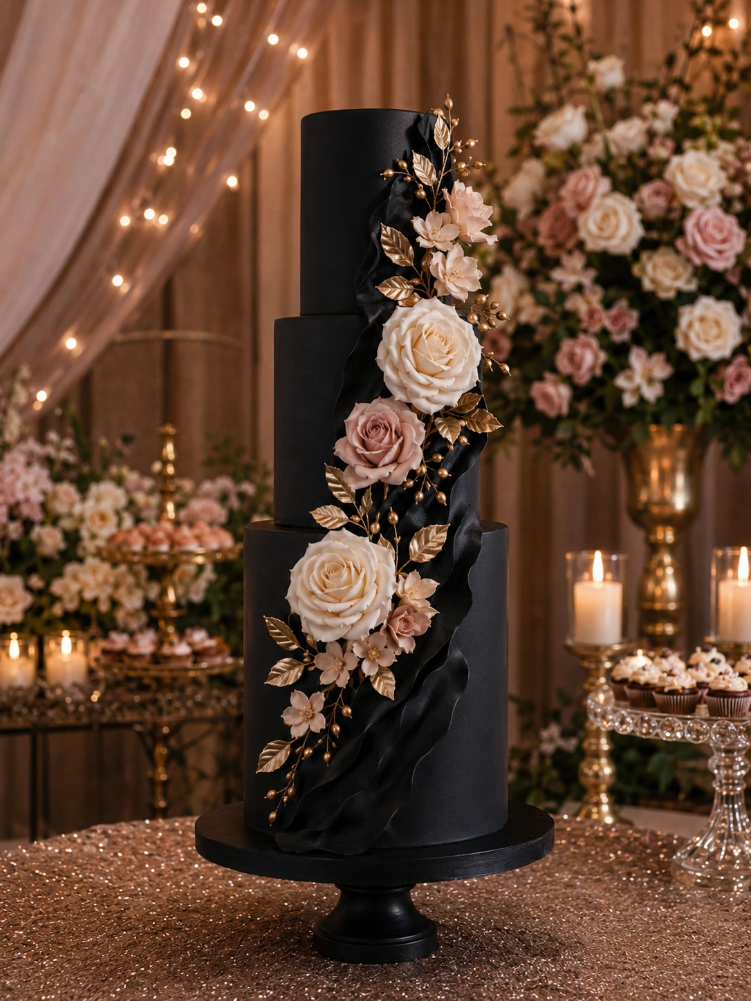 Bolo fake preto 4 andares com rosas maxi e folhas douradas – casamento e 15 anos ES