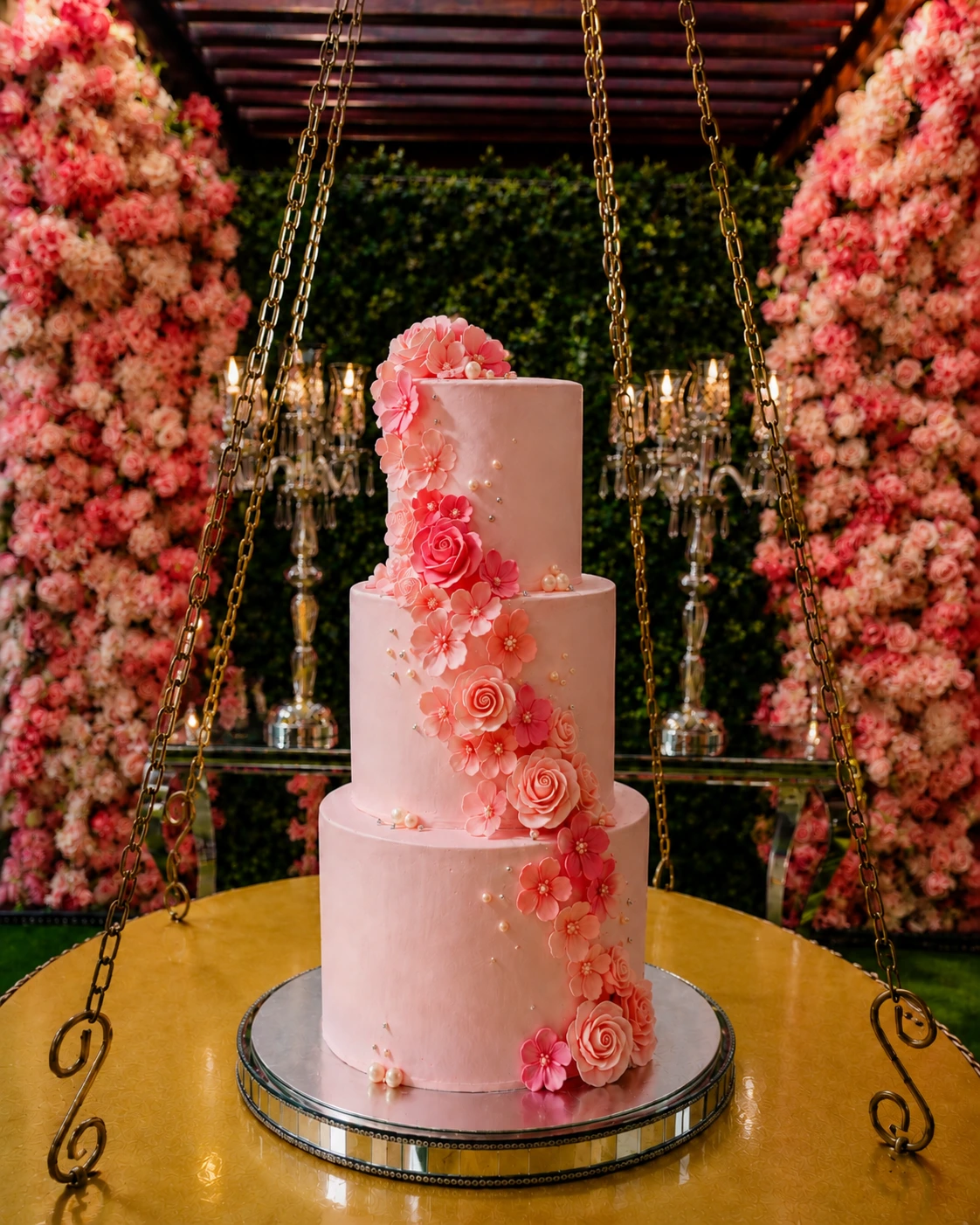 Bolo fake rosa 3 andares com flores modeladas em cascata – aluguel casamento ES