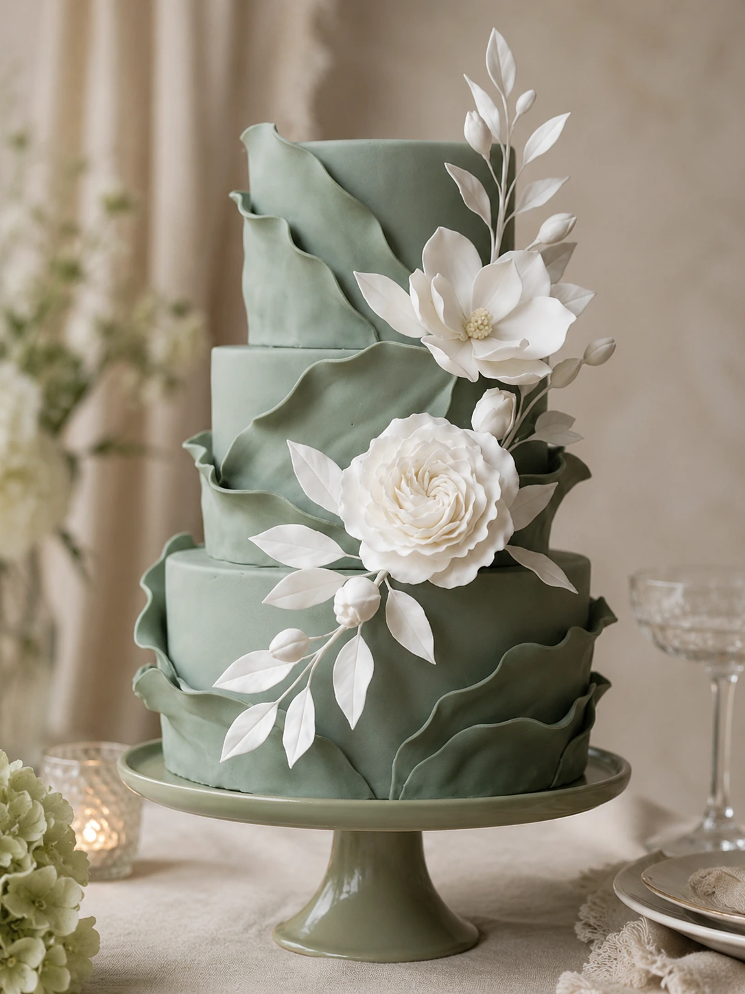 Bolo fake verde sálvia 3 andares com ruffles e flores brancas esculpidas – casamento ES