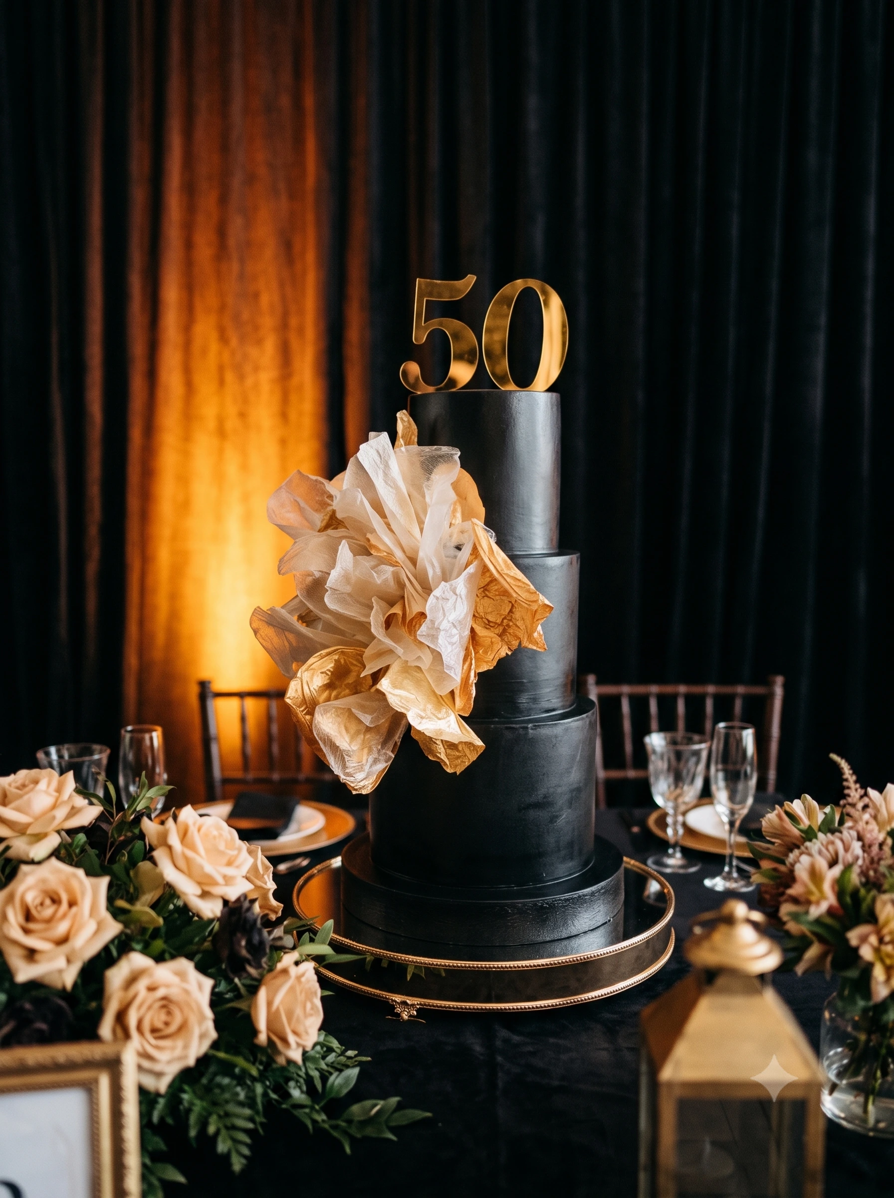 Bolo fake preto 3 andares com ruffle escultural dourado e topo 50, para aniversário de 50 anos e eventos de gala